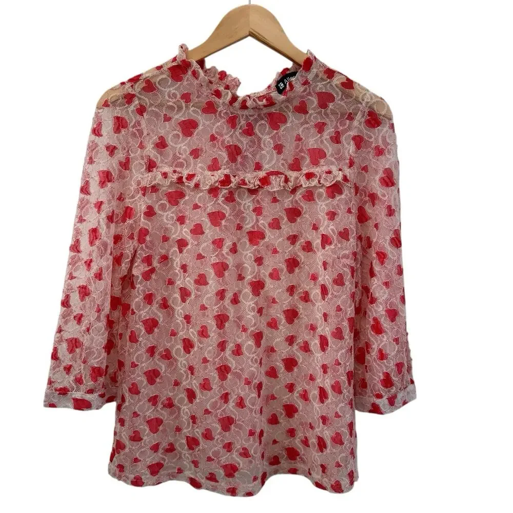 Fairy Heart Ruffle Mock Neck Sheer Mesh Lace Top Sz XL Cottage Prairie Romantic - Picture 3 of 12